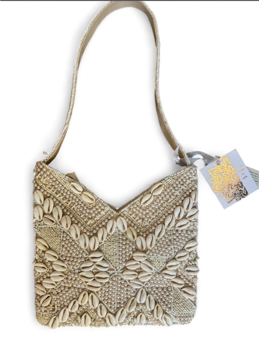 Made in India Cream Shell beaded tote bag